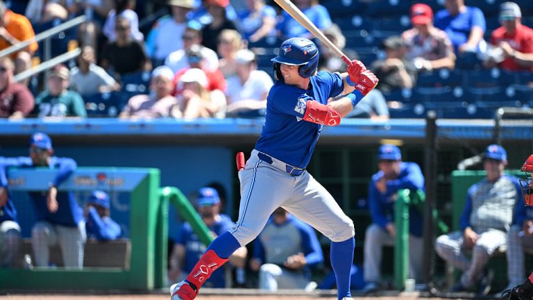 CLEARWATER, FLORIDA - MARCH 21, 2026: Jace Bohrofen #52 of the Toronto Blue Jays bats during the seventh inning of a spring training Spring Breakout game against the Philadelphia Phillies at BayCare Ballpark on March 21, 2026 in Clearwater, Florida. (Photo by Nick Cammett/Diamond Images via Getty Images)