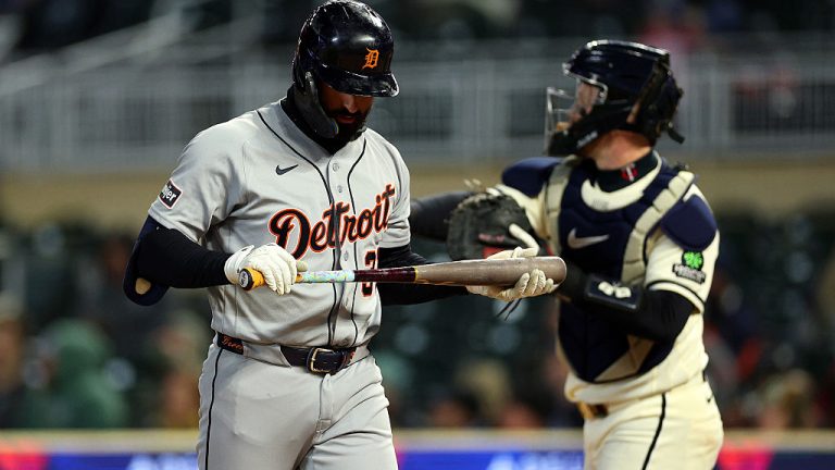 MINNEAPOLIS, MINNESOTA - APRIL 07: Riley Greene #31 of the Detroit Tigers reacts to striking out against the Minnesota Twins in the sixth inning at Target Field on April 07, 2026 in Minneapolis, Minnesota. The Twins defeated the Tigers 4-2. (Photo by David Berding/Getty Images)