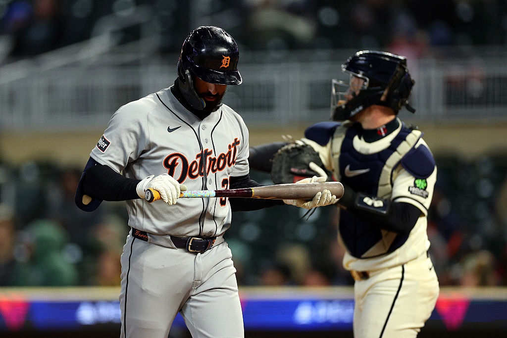 MINNEAPOLIS, MINNESOTA - APRIL 07: Riley Greene #31 of the Detroit Tigers reacts to striking out against the Minnesota Twins in the sixth inning at Target Field on April 07, 2026 in Minneapolis, Minnesota. The Twins defeated the Tigers 4-2. (Photo by David Berding/Getty Images)