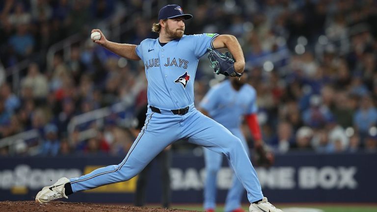TORONTO, ON- APRIL 11 - Pitcher Spencer Miles (62) of the Toronto Blue Jays takes over as the Toronto Blue Jays play the Minnesota Twins. at Rogers Centre in Toronto. April 11, 2026. Nick Lachance/Toronto Star (Nick Lachance/Toronto Star via Getty Images)