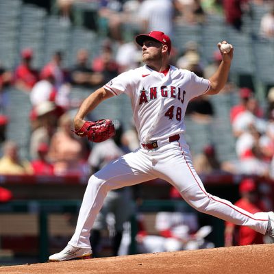 ANAHEIM, CALIFORNIA - APRIL 08: Reid Detmers #48 of the Los Angeles Angels throws against the Atlanta Braves in the first inning at Angel Stadium of Anaheim on April 08, 2026 in Anaheim, California. (Photo by Ronald Martinez/Getty Images)