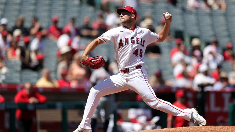 ANAHEIM, CALIFORNIA - APRIL 08: Reid Detmers #48 of the Los Angeles Angels throws against the Atlanta Braves in the first inning at Angel Stadium of Anaheim on April 08, 2026 in Anaheim, California. (Photo by Ronald Martinez/Getty Images)