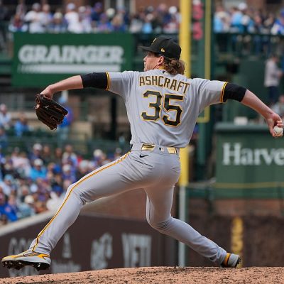 CHICAGO, IL - APRIL 11: Braxton Ashcraft #35 of the Pittsburgh Pirates pitches during the game between the Pittsburgh Pirates and the Chicago Cubs at Wrigley Field on Saturday, April 11, 2026 in Chicago, Illinois. (Photo by George Gaza/MLB Photos via Getty Images)