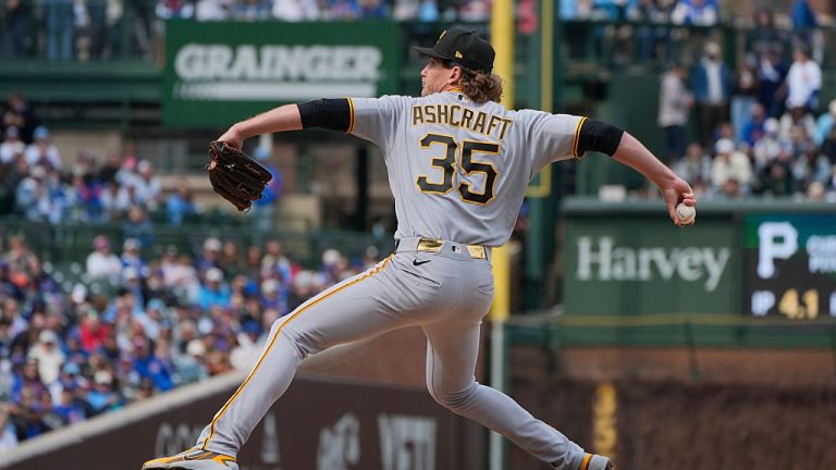 CHICAGO, IL - APRIL 11: Braxton Ashcraft #35 of the Pittsburgh Pirates pitches during the game between the Pittsburgh Pirates and the Chicago Cubs at Wrigley Field on Saturday, April 11, 2026 in Chicago, Illinois. (Photo by George Gaza/MLB Photos via Getty Images)