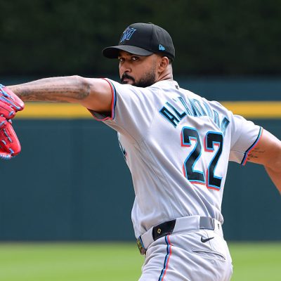 DETROIT, MI - APRIL 12: Sandy Alcantara #22 of the Miami Marlins throws a warm-up pitch during the game against the Detroit Tigers at Comerica Park on April 12, 2026 in Detroit, Michigan. The Tigers defeated the Marlins 8-2. (Photo by Mark Cunningham/MLB Photos via Getty Images)