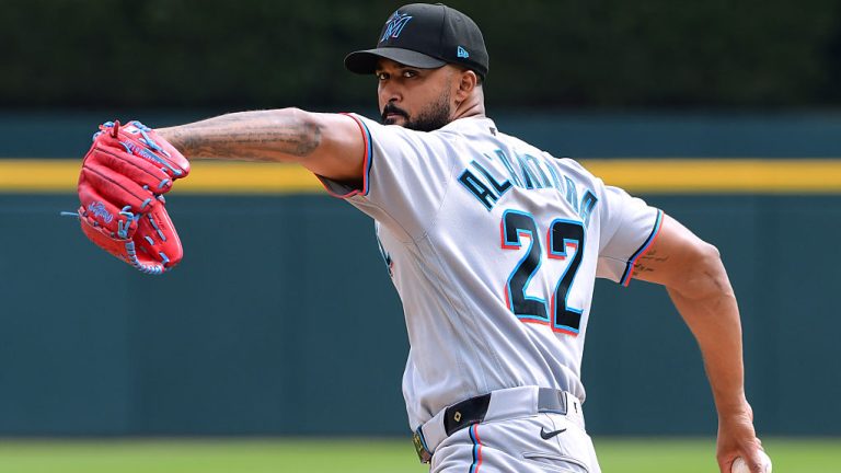 DETROIT, MI - APRIL 12: Sandy Alcantara #22 of the Miami Marlins throws a warm-up pitch during the game against the Detroit Tigers at Comerica Park on April 12, 2026 in Detroit, Michigan. The Tigers defeated the Marlins 8-2. (Photo by Mark Cunningham/MLB Photos via Getty Images)