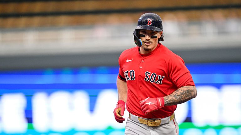 MINNEAPOLIS, MINNESOTA - APRIL 13: Jarren Duran #16 of the Boston Red Sox hits a two-run home run against the Minnesota Twins during the third inning of the game at Target Field on April 13, 2026 in Minneapolis, Minnesota. (Photo by Stephen Maturen/Getty Images)