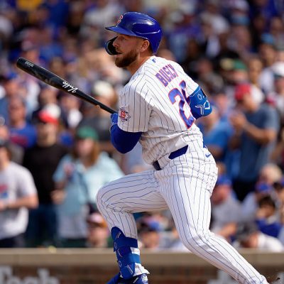 CHICAGO, ILLINOIS - APRIL 12: Michael Busch #29 of the Chicago Cubs hits a double in a game against the Pittsburgh Pirates at Wrigley Field on April 12, 2026 in Chicago, Illinois. (Photo by Matt Dirksen/Chicago Cubs/Getty Images)