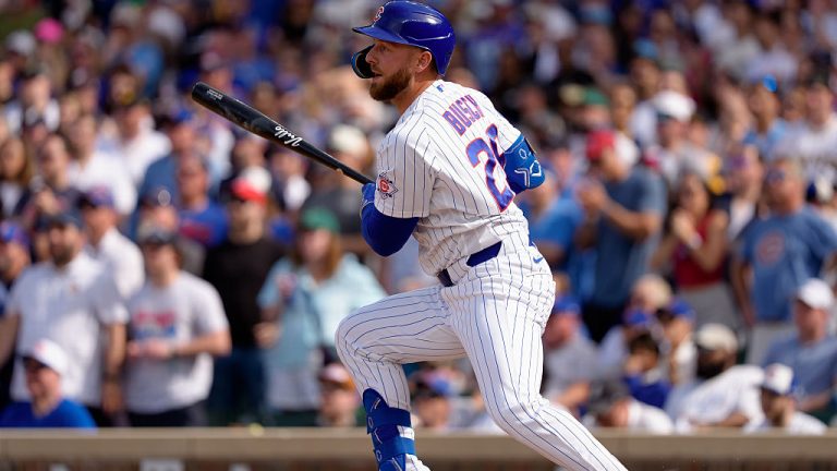 CHICAGO, ILLINOIS - APRIL 12: Michael Busch #29 of the Chicago Cubs hits a double in a game against the Pittsburgh Pirates at Wrigley Field on April 12, 2026 in Chicago, Illinois. (Photo by Matt Dirksen/Chicago Cubs/Getty Images)