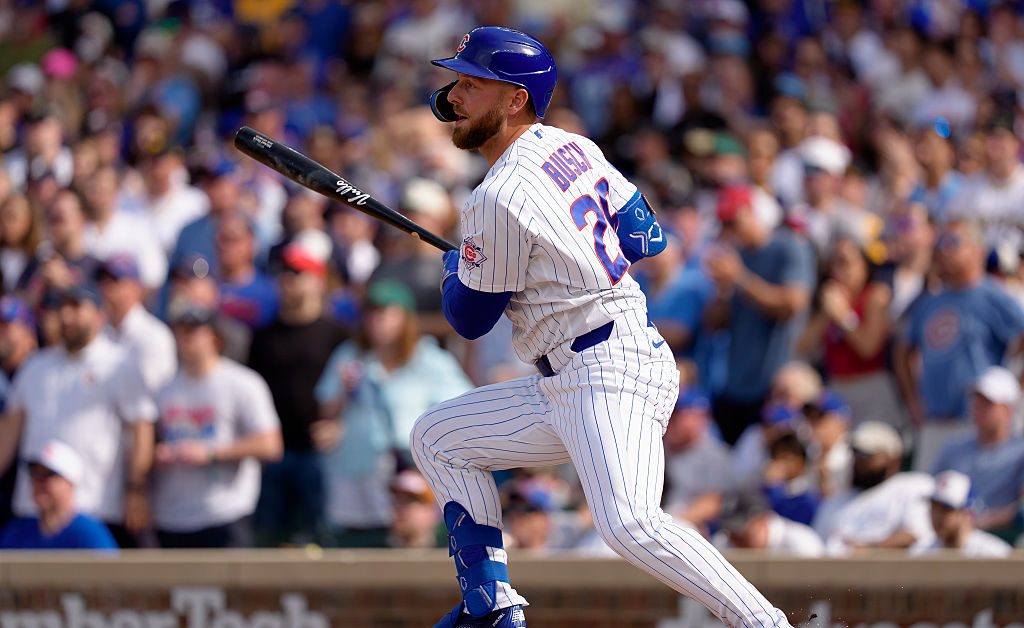 CHICAGO, ILLINOIS - APRIL 12: Michael Busch #29 of the Chicago Cubs hits a double in a game against the Pittsburgh Pirates at Wrigley Field on April 12, 2026 in Chicago, Illinois. (Photo by Matt Dirksen/Chicago Cubs/Getty Images)