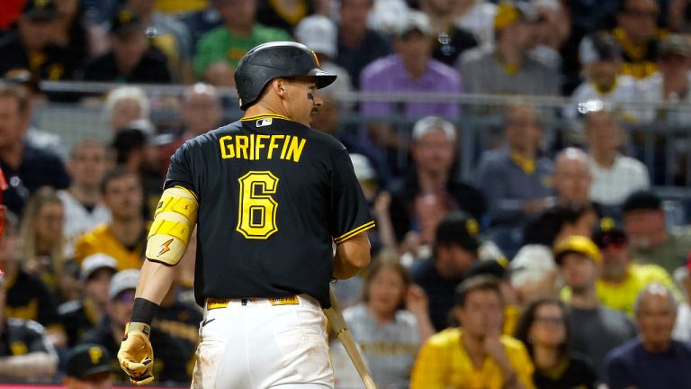 PITTSBURGH, PA - APRIL 13: Konnor Griffin #6 of the Pittsburgh Pirates in action against the Washington Nationals at PNC Park on April 13, 2026 in Pittsburgh, Pennsylvania. (Photo by Justin K. Aller/Getty Images)