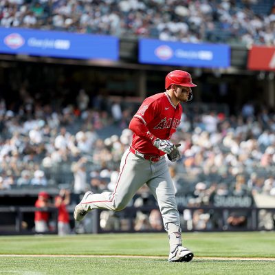 NEW YORK, NEW YORK - APRIL 16: Mike Trout #27 of the Los Angeles Angels rounds the bases after hitting a solo home run in the seventh inning against the New York Yankees at Yankee Stadium on April 16, 2026 in The Bronx borough of New York City. (Photo by Elsa/Getty Images)