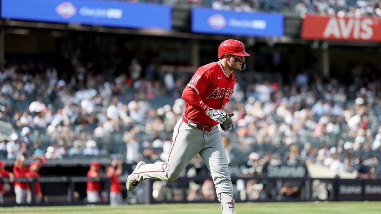 NEW YORK, NEW YORK - APRIL 16: Mike Trout #27 of the Los Angeles Angels rounds the bases after hitting a solo home run in the seventh inning against the New York Yankees at Yankee Stadium on April 16, 2026 in The Bronx borough of New York City. (Photo by Elsa/Getty Images)