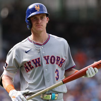 CHICAGO, ILLINOIS - APRIL 17: Carson Benge #3 of the New York Mets reacts after striking out against the New York Mets during the seventh inning at Wrigley Field on April 17, 2026 in Chicago, Illinois. (Photo by Michael Reaves/Getty Images)
