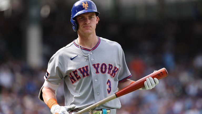 CHICAGO, ILLINOIS - APRIL 17: Carson Benge #3 of the New York Mets reacts after striking out against the New York Mets during the seventh inning at Wrigley Field on April 17, 2026 in Chicago, Illinois. (Photo by Michael Reaves/Getty Images)
