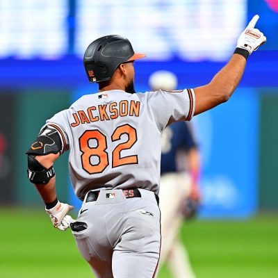CLEVELAND, OHIO - APRIL 17: Jeremiah Jackson #82 of the Baltimore Orioles celebrates after hitting a three-run homer during the eighth inning against the Cleveland Guardians at Progressive Field on April 17, 2026 in Cleveland, Ohio. (Photo by Jason Miller/Getty Images)
