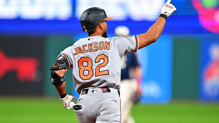 CLEVELAND, OHIO - APRIL 17: Jeremiah Jackson #82 of the Baltimore Orioles celebrates after hitting a three-run homer during the eighth inning against the Cleveland Guardians at Progressive Field on April 17, 2026 in Cleveland, Ohio. (Photo by Jason Miller/Getty Images)