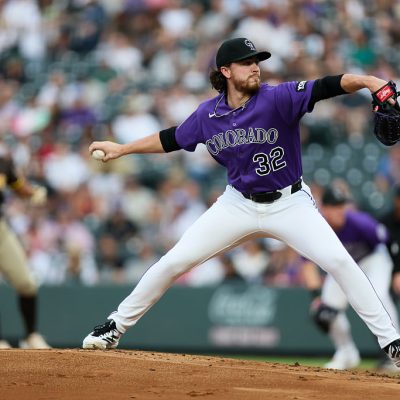 DENVER, CO - APRIL 21: Relief pitcher Chase Dollander #32 of the Colorado Rockies delivers a pitch in the second inning against the San Diego Padres at Coors Field on April 21, 2026 in Denver, Colorado. (Photo by Justin Edmonds/Getty Images)