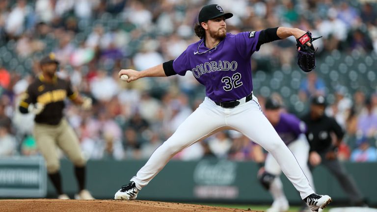 DENVER, CO - APRIL 21: Relief pitcher Chase Dollander #32 of the Colorado Rockies delivers a pitch in the second inning against the San Diego Padres at Coors Field on April 21, 2026 in Denver, Colorado. (Photo by Justin Edmonds/Getty Images)