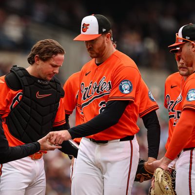 BALTIMORE, MD - APRIL 25: Trevor Rogers #28 of the Baltimore Orioles is pulled by manager Craig Albernaz #55 during the second inning against the Boston Red Sox at Oriole Park at Camden Yards on April 25, 2026 in Baltimore, Maryland. (Photo by Scott Taetsch/Getty Images)