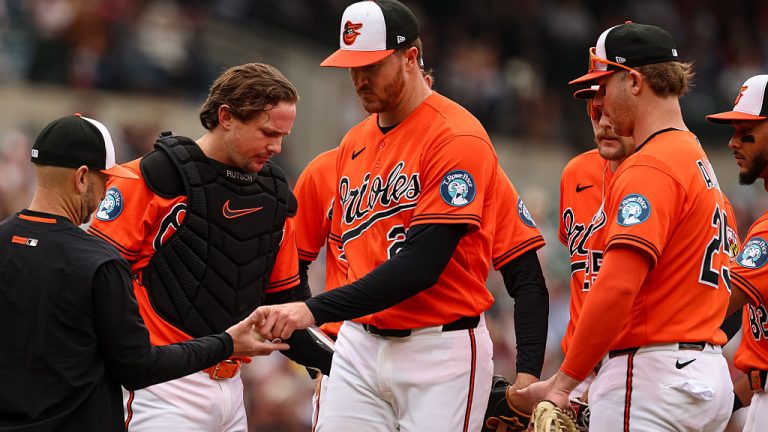 BALTIMORE, MD - APRIL 25: Trevor Rogers #28 of the Baltimore Orioles is pulled by manager Craig Albernaz #55 during the second inning against the Boston Red Sox at Oriole Park at Camden Yards on April 25, 2026 in Baltimore, Maryland. (Photo by Scott Taetsch/Getty Images)