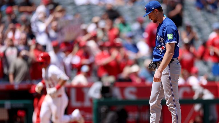 ANAHEIM, CALIFORNIA - APRIL 22: Eric Lauer #56 of the Toronto Blue Jays reacts after giving up a solo home run to Mike Trout #27 of the Los Angeles Angels, to make the score 3-0 Angels during the fifth inning at Angel Stadium of Anaheim on April 22, 2026 in Anaheim, California. (Photo by Harry How/Getty Images)