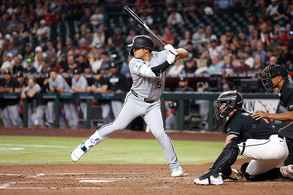 PHOENIX, ARIZONA - APRIL 22: Munetaka Murakami #5 of the Chicago White Sox bats during the fifth inning against the Arizona Diamondbacks at Chase Field on April 22, 2026 in Phoenix, Arizona. The Diamondbacks defeated the White Sox 11-7. (Photo by Chris Coduto/Getty Images)