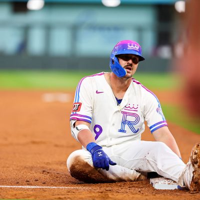 KANSAS CITY, MO - APRIL 26: Vinnie Pasquantino #9 of the Kansas City Royals hits a triple in the ninth inning during the game between the Los Angeles Angels and the Kansas City Royals at Kauffman Stadium on Sunday, April 26, 2026 in Kansas City, Missouri. (Photo by Sydney Schneider/MLB Photos via Getty Images)
