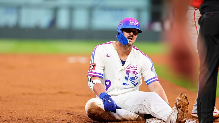 KANSAS CITY, MO - APRIL 26: Vinnie Pasquantino #9 of the Kansas City Royals hits a triple in the ninth inning during the game between the Los Angeles Angels and the Kansas City Royals at Kauffman Stadium on Sunday, April 26, 2026 in Kansas City, Missouri. (Photo by Sydney Schneider/MLB Photos via Getty Images)