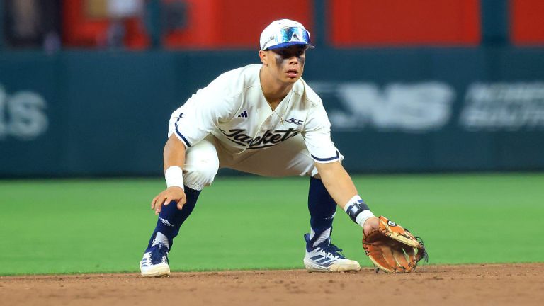ATLANTA, GA - APRIL 21: Jarren Advincula (2) of the Georgia Tech Yellow Jackets at the second base position during the Tuesday evening men's college baseball game between the Georgia Bulldogs and the Georgia Tech Yellow Jackets on April 21, 2026 at Truist Park in Atlanta, GA. (Photo by David J. Griffin/Icon Sportswire via Getty Images)
