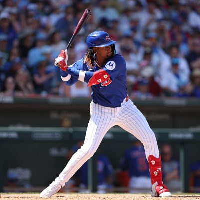 MESA, ARIZONA - MARCH 22: Kevin Alcántara #13 of the Chicago Cubs bats during the sixth inning of the spring training game against the Milwaukee Brewers at Sloan Park on March 22, 2026 in Mesa, Arizona. (Photo by Jeremy Chen/Getty Images)