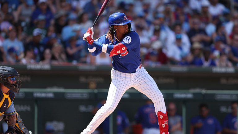 MESA, ARIZONA - MARCH 22: Kevin Alcántara #13 of the Chicago Cubs bats during the sixth inning of the spring training game against the Milwaukee Brewers at Sloan Park on March 22, 2026 in Mesa, Arizona. (Photo by Jeremy Chen/Getty Images)
