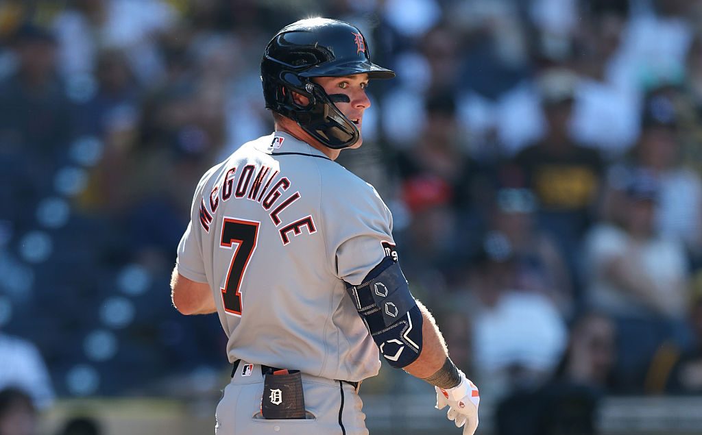 SAN DIEGO, CALIFORNIA - MARCH 26: Kevin McGonigle of the Detroit Tigers looks on during the ninth inning of a game against the San Diego Padres on Opening Day at Petco Park on March 26, 2026 in San Diego, California. (Photo by Sean M. Haffey/Getty Images)