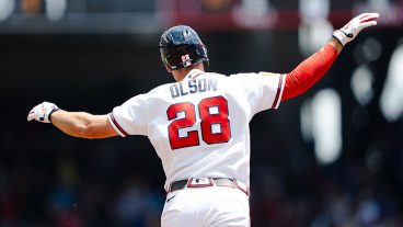 ATLANTA, GA - APRIL 26: Matt Olson #28 of the Atlanta Braves celebrates hitting a three-run home run in the first inning during the game against the Philadelphia Phillies at Truist Park on April 26, 2026 in Atlanta, Georgia. (Photo by Jack Casey/Atlanta Braves/Getty Images)