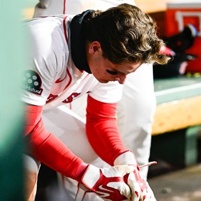 BOSTON, MASSACHUSETTS - APRIL 06: Roman Anthony #19 of the Boston Red Sox sits in the dugout after an 8-6 loss against the Milwaukee Brewers at Fenway Park on April 06, 2026 in Boston, Massachusetts. (Photo by Jaiden Tripi/Getty Images)
