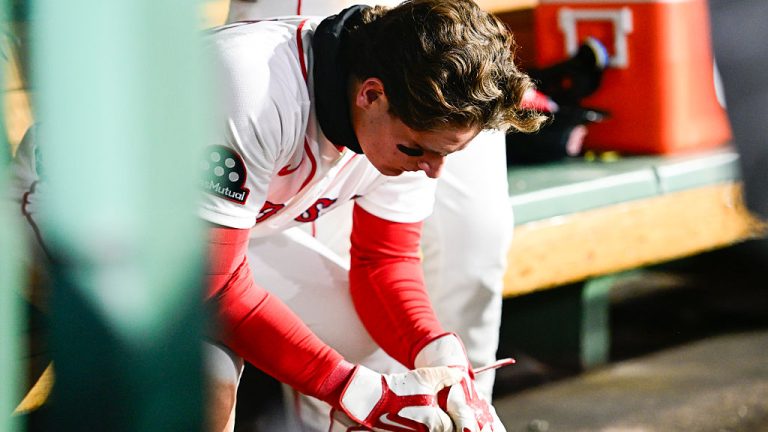 BOSTON, MASSACHUSETTS - APRIL 06: Roman Anthony #19 of the Boston Red Sox sits in the dugout after an 8-6 loss against the Milwaukee Brewers at Fenway Park on April 06, 2026 in Boston, Massachusetts. (Photo by Jaiden Tripi/Getty Images)
