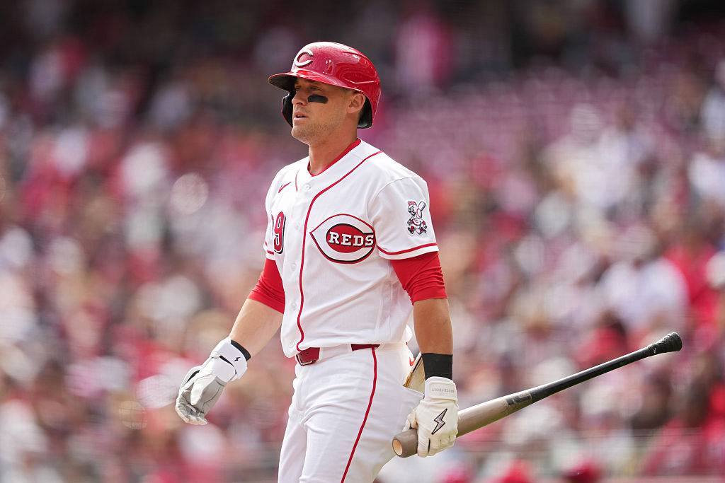 CINCINNATI, OHIO - MARCH 29: TJ Friedl #29 of the Cincinnati Reds looks on during a baseball game against the Boston Red Sox at Great American Ball Park on March 29, 2026 in Cincinnati, Ohio. (Photo by Jeff Dean/Getty Images)