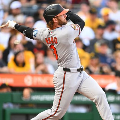 PITTSBURGH, PA - APRIL 03: Taylor Ward #3 of the Baltimore Orioles hits a one-run double in the seventh inning during the game between the Baltimore Orioles and the Pittsburgh Pirates at PNC Park on Friday, April 3, 2026 in Pittsburgh, Pennsylvania. (Photo by Joe Sargent/MLB Photos via Getty Images)