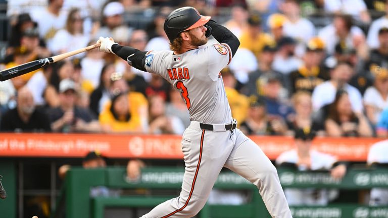 PITTSBURGH, PA - APRIL 03: Taylor Ward #3 of the Baltimore Orioles hits a one-run double in the seventh inning during the game between the Baltimore Orioles and the Pittsburgh Pirates at PNC Park on Friday, April 3, 2026 in Pittsburgh, Pennsylvania. (Photo by Joe Sargent/MLB Photos via Getty Images)