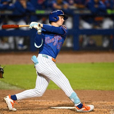 PORT ST. LUCIE, FLORIDA - MARCH 19, 2026: A.J. Ewing #97 of the New York Mets bats during the third inning of a spring training Spring Breakout game against the Tampa Bay Rays at Clover Park on March 19, 2026 in Port St. Lucie, Florida. (Photo by Nick Cammett/Diamond Images via Getty Images)