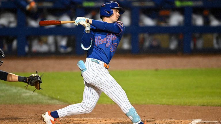 PORT ST. LUCIE, FLORIDA - MARCH 19, 2026: A.J. Ewing #97 of the New York Mets bats during the third inning of a spring training Spring Breakout game against the Tampa Bay Rays at Clover Park on March 19, 2026 in Port St. Lucie, Florida. (Photo by Nick Cammett/Diamond Images via Getty Images)