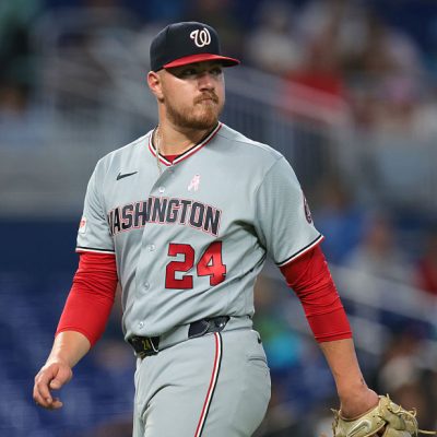 MIAMI, FLORIDA - MAY 10: Cade Cavalli #24 of the Washington Nationals exits the game against the Miami Marlins during the sixth inning at loanDepot park on May 10, 2026 in Miami, Florida. (Photo by Sam Navarro/Getty Images)