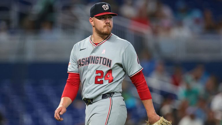 MIAMI, FLORIDA - MAY 10: Cade Cavalli #24 of the Washington Nationals exits the game against the Miami Marlins during the sixth inning at loanDepot park on May 10, 2026 in Miami, Florida. (Photo by Sam Navarro/Getty Images)