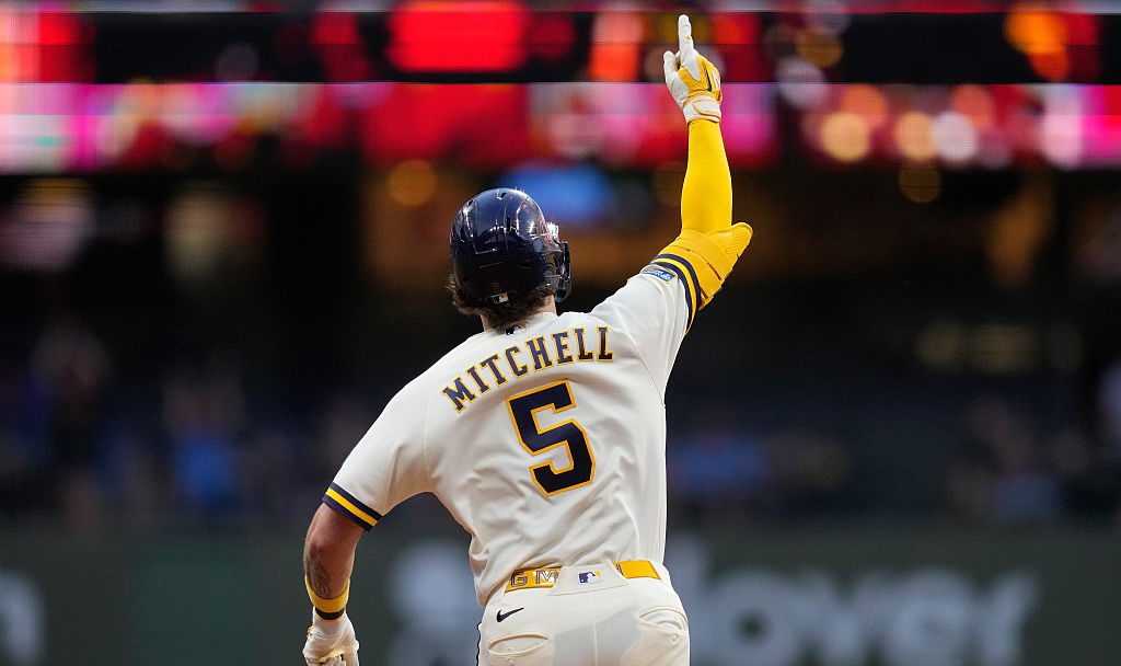 MILWAUKEE, WISCONSIN - MAY 26: Garrett Mitchell #5 of the Milwaukee Brewers is congratulated after hitting a three-run home run in the fifth inning against the St. Louis Cardinals at American Family Field on May 26, 2026 in Milwaukee, Wisconsin. (Photo by John Fisher/Getty Images)