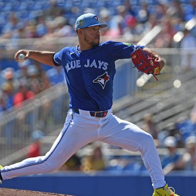 DUNEDIN, FLORIDA - MARCH 6: José Berríos #17 of the Toronto Blue Jays pitches during the first inning of a spring training game against the Pittsburgh Pirates at TD Ballpark on March 6, 2026 in Dunedin, Florida. (Photo by Mark Taylor/Getty Images)