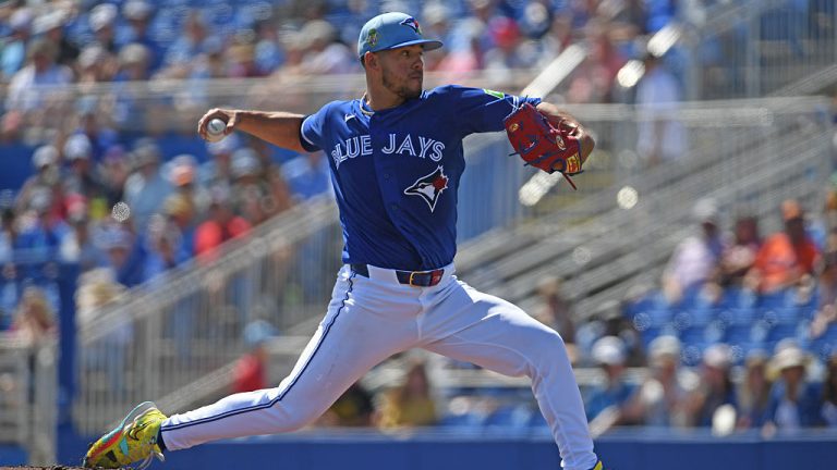 DUNEDIN, FLORIDA - MARCH 6: José Berríos #17 of the Toronto Blue Jays pitches during the first inning of a spring training game against the Pittsburgh Pirates at TD Ballpark on March 6, 2026 in Dunedin, Florida. (Photo by Mark Taylor/Getty Images)