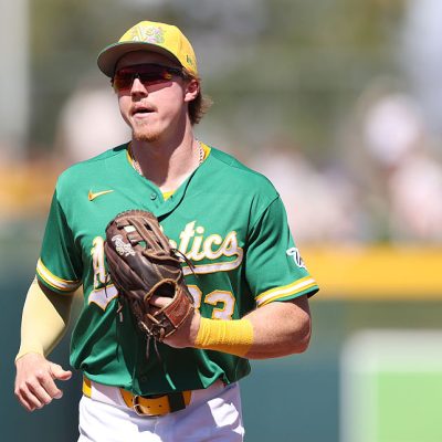 MESA, ARIZONA - MARCH 14: Henry Bolte #33 of the Athletics runs to the dugout during the first inning of the spring training game against the Kansas City Royals at Hohokam Stadium on March 14, 2026 in Mesa, Arizona. (Photo by Jeremy Chen/Getty Images)