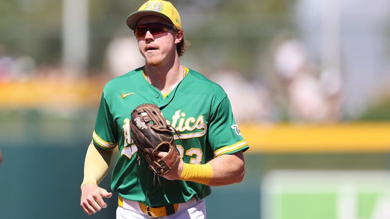 MESA, ARIZONA - MARCH 14: Henry Bolte #33 of the Athletics runs to the dugout during the first inning of the spring training game against the Kansas City Royals at Hohokam Stadium on March 14, 2026 in Mesa, Arizona. (Photo by Jeremy Chen/Getty Images)
