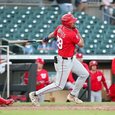 JUPITER, FL - MARCH 19: Yohandy Morales #28 of the Washington Nationals bats during the game between the Washington Nationals and the St. Louis Cardinals at Roger Dean Chevrolet Stadium on Thursday, March 19, 2026 in Jupiter, Florida. (Photo by Jared Blais/MLB Photos via Getty Images)