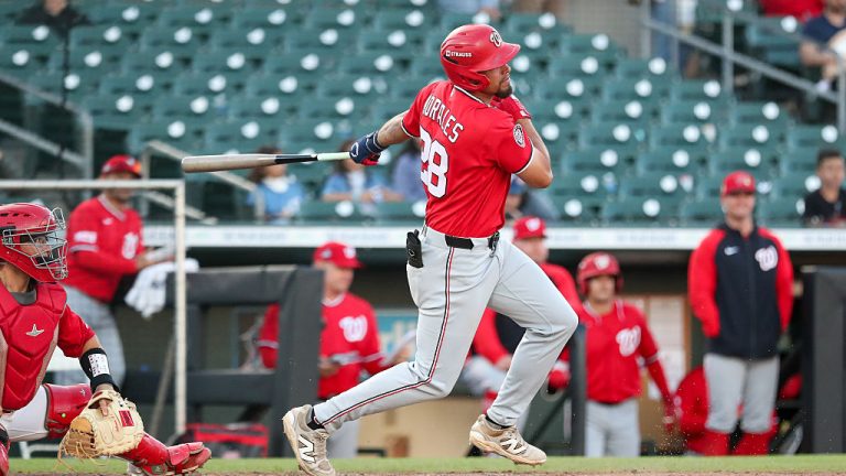 JUPITER, FL - MARCH 19: Yohandy Morales #28 of the Washington Nationals bats during the game between the Washington Nationals and the St. Louis Cardinals at Roger Dean Chevrolet Stadium on Thursday, March 19, 2026 in Jupiter, Florida. (Photo by Jared Blais/MLB Photos via Getty Images)